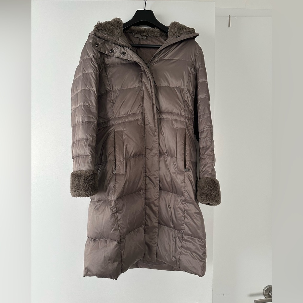 Diane Von Furstenberg Faux Fur Trim Hooded
Down Coat in TAUPE